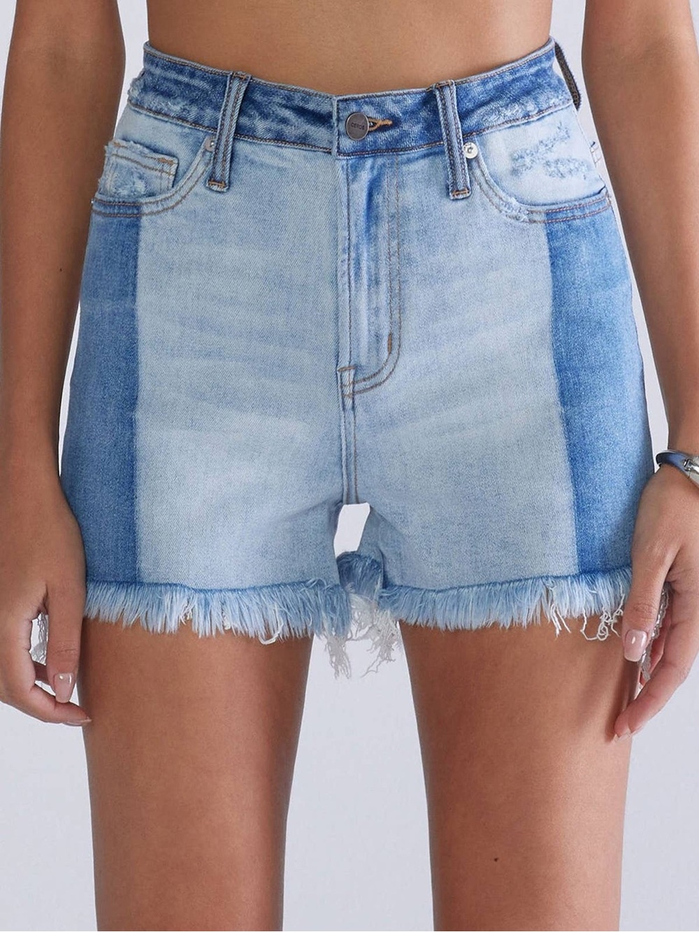 Ceros Two-Tone Raw Hem Denim Shorts - Blue